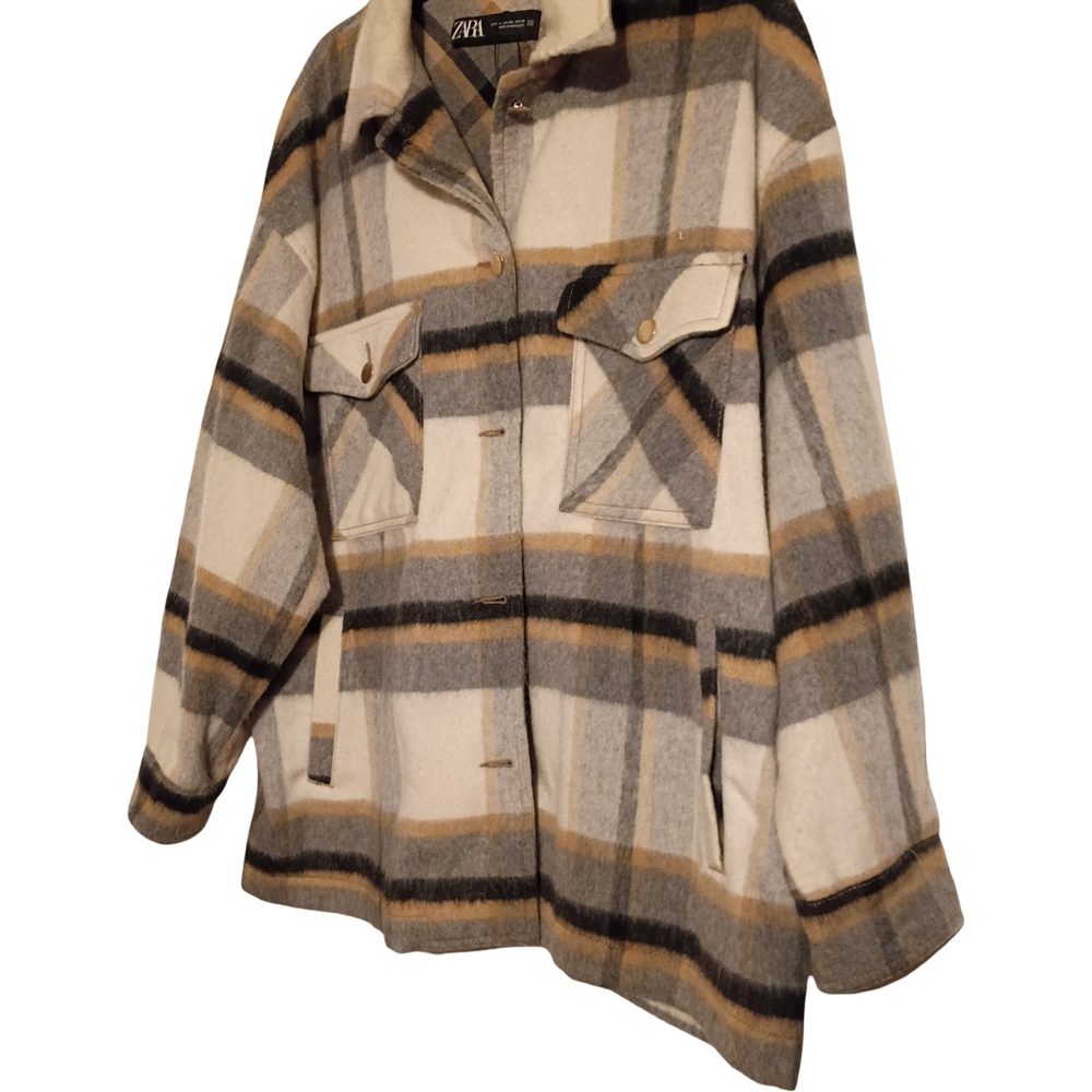 Zara Plaid Shacket in Cream, Gray & Brown Tones - Picture 3 of 10